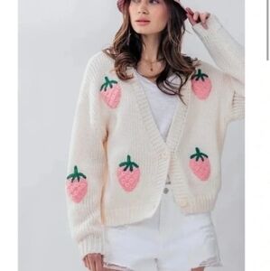 Strawberry Embroidered Cream Cardigan